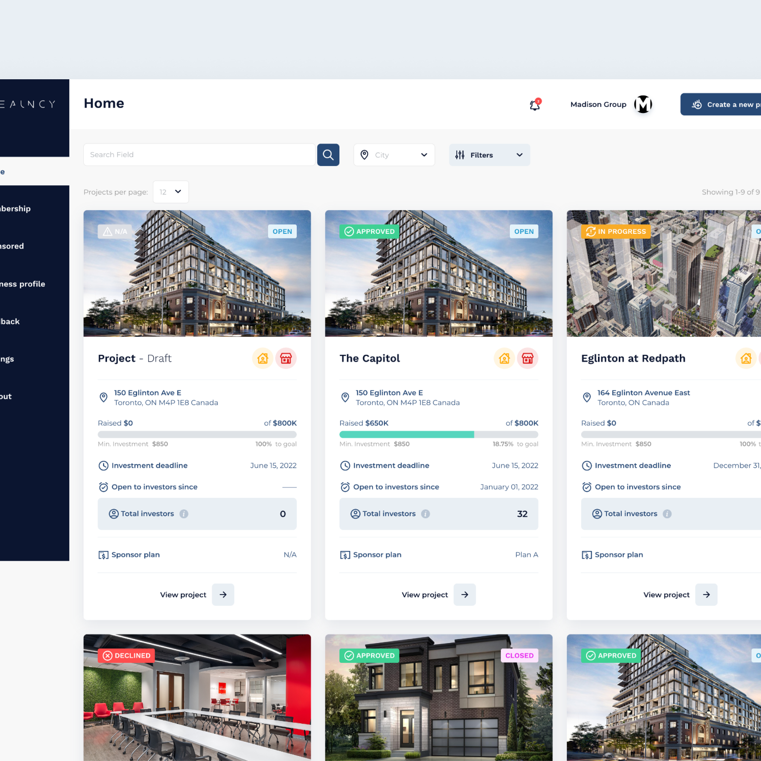 Realncy - Web App Design - Builder Portal - home